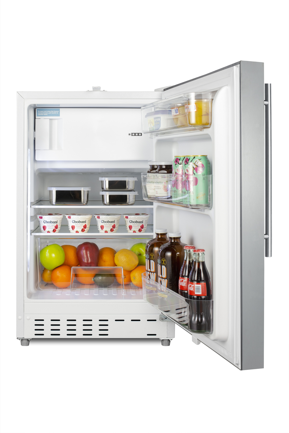 Built-in undercounter ADA compliant refrigerator-freezer with a stainless steel cabinet and reversible SS door, with a vertical handle for residential use, manual defrost with glass shelves, front lock, and door storage